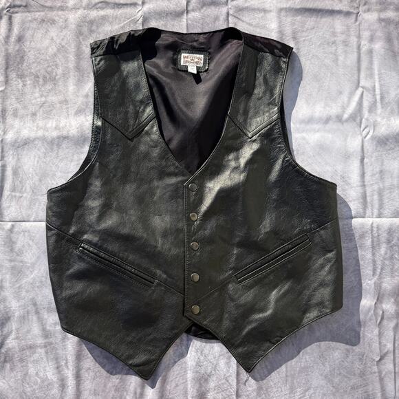 Men's Vintage 90's Western Frontier Black Leather Waistcoat Vest Jacket Sz Large - Picture 1 of 6
